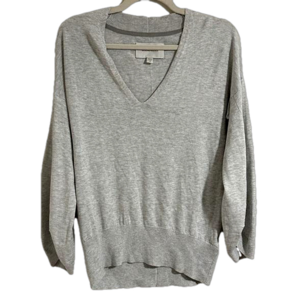 BROCHU Walker Light gray silk cotton blend vneck sleeve sweater